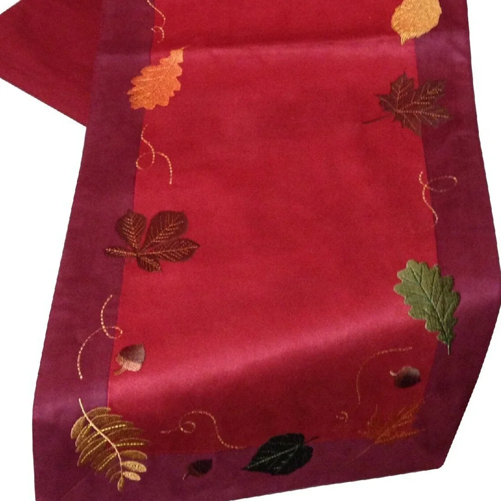 Fall Home Decor Table Runner Set of 2 Embroidered Leave Lined Microsuede 36